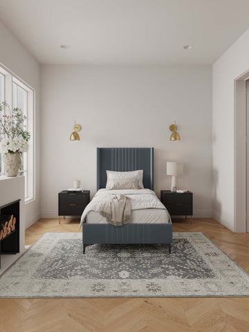 Manhattan Comfort Promenade Mid-Century Modern Velvet Upholstered Twin Bed in Gray