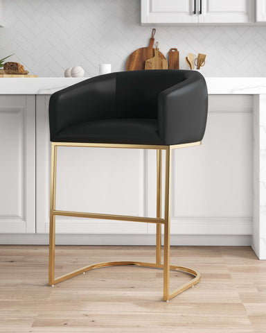 Manhattan Comfort Louvre Mid-Century Modern Metal Upholstered Barstool in Black