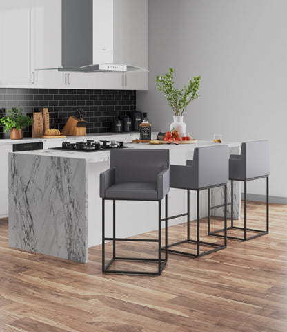 Manhattan Comfort Ambassador Mid-Century Modern Metal Upholstered Barstool in Gray