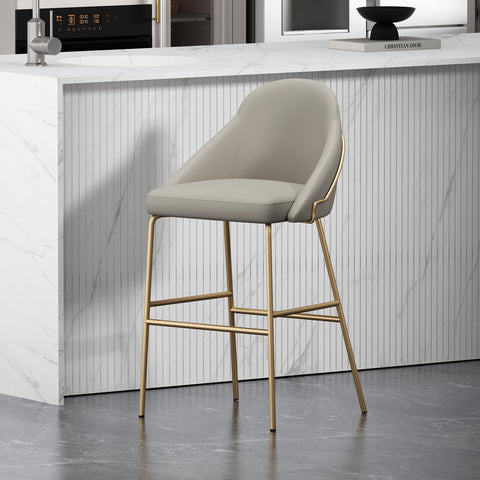 Manhattan Comfort Gracie Modern Metal Upholstered Barstool in Stone Gray and Gold