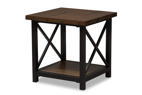 Baxton Studio Herzen Rustic Industrial Style Antique Black Textured Finished Metal Distressed Wood Occasional End Table