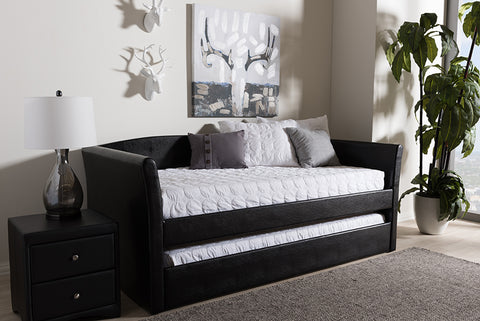Baxton Studio Camino Modern and Contemporary Black Faux Leather Upholstered Daybed with Guest Trundle Bed