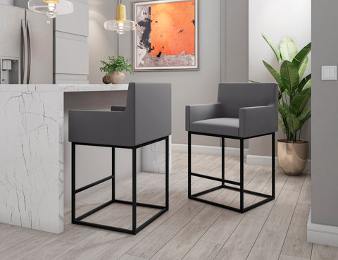 Manhattan Comfort Ambassador Mid-Century Modern Metal Upholstered Counter Stool in Gray