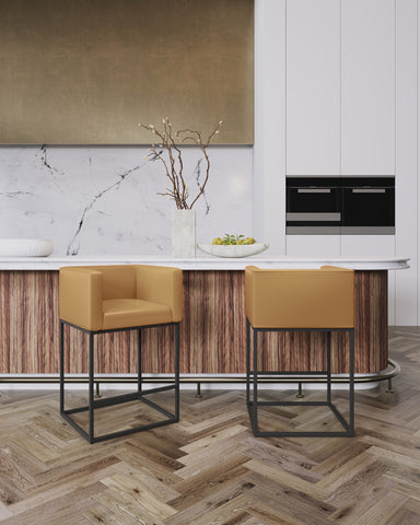 Manhattan Comfort Embassy Mid-Century Modern Metal Upholstered Counter Stool in Camel