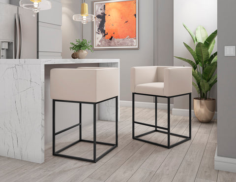 Manhattan Comfort Embassy Mid-Century Modern Metal Upholstered Counter Stool in Cream