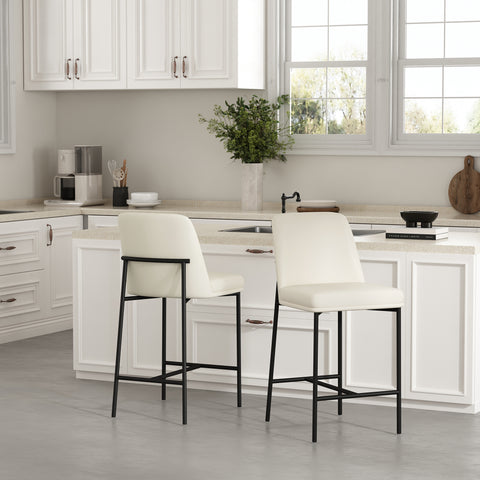 Manhattan Comfort Loft Contemporary Vegan Leather Metal Counter Stool in Ivory - Set of 2