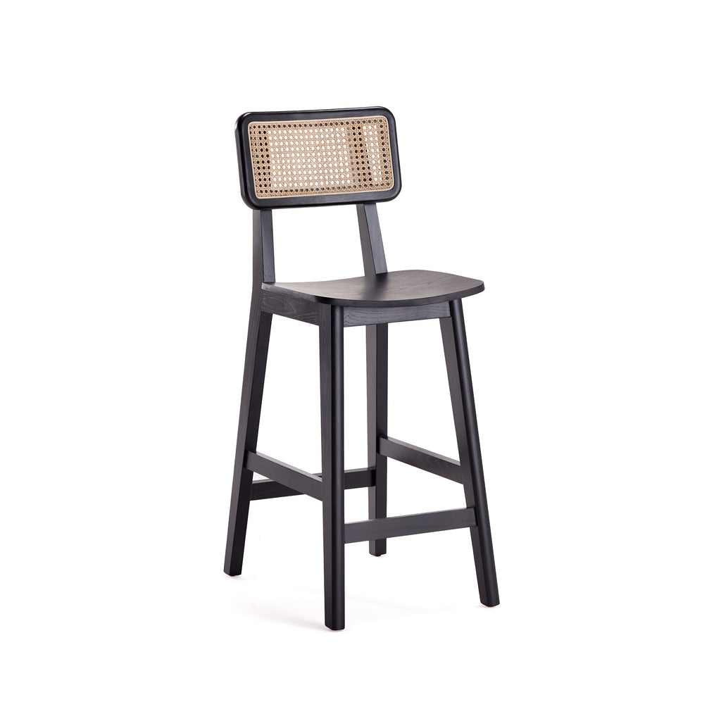Manhattan Comfort Versailles Industry Chic Cane Back Wood Counter Stool in Black and Natural