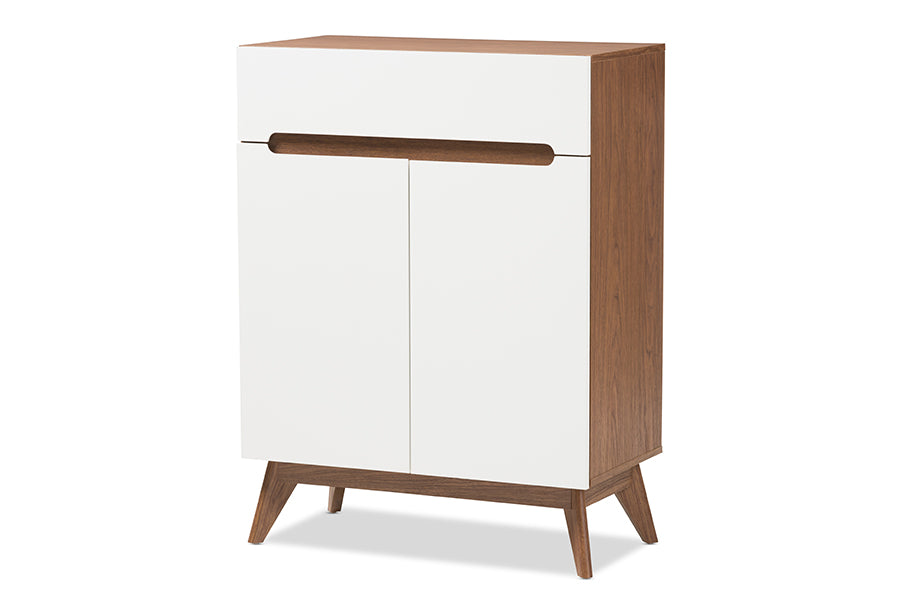 Baxton Studio Calypso Mid-Century Modern White and Walnut Wood Storage Shoe Cabinet