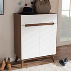 Baxton Studio Calypso Mid-Century Modern White and Walnut Wood Storage Shoe Cabinet