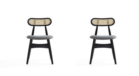 Manhattan Comfort Colbert Industry Chic Cane Back Wood Upholstered Dining Chair in Black and Gray - Set of 2