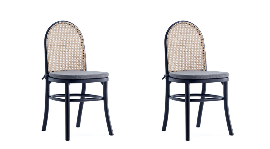 Manhattan Comfort Paragon Industry Chic Cane Back Wood Upholstered Dining Chair in Black and Gray - Set of 2