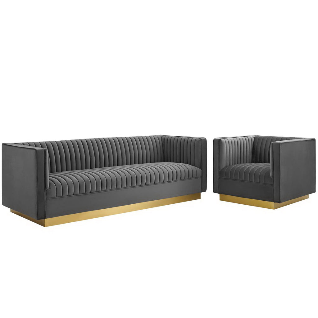 Modway Sanguine Vertical Channel Tufted Upholstered Performance Velvet Sofa and Armchair Set  