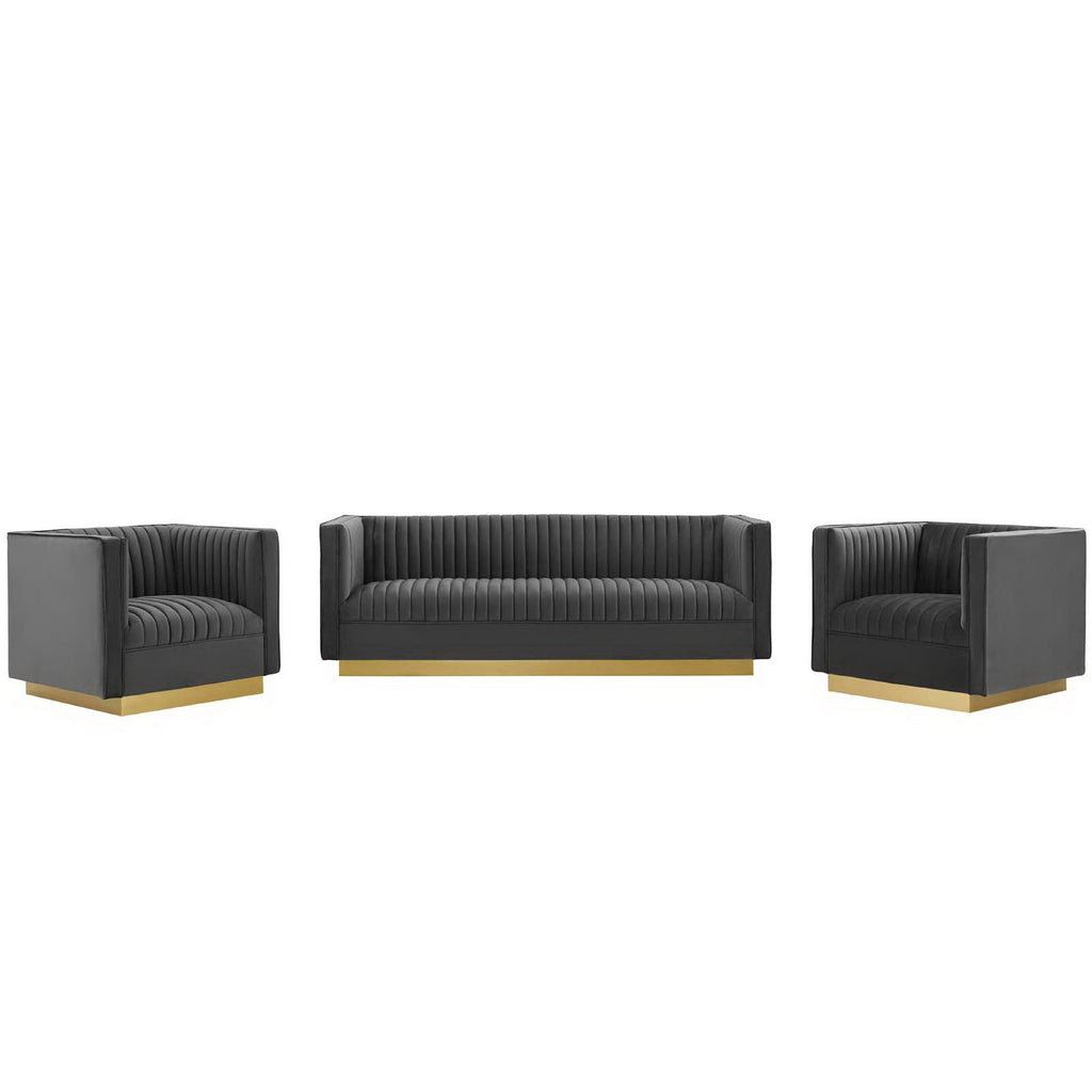 Modway Sanguine 3 Piece Vertical Channel Tufted Upholstered Performance Velvet Set  