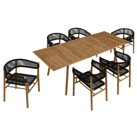 Modway Vienna 7-Piece Outdoor Patio Teak and Rope Dining Set with Curved-Back Armchairs  