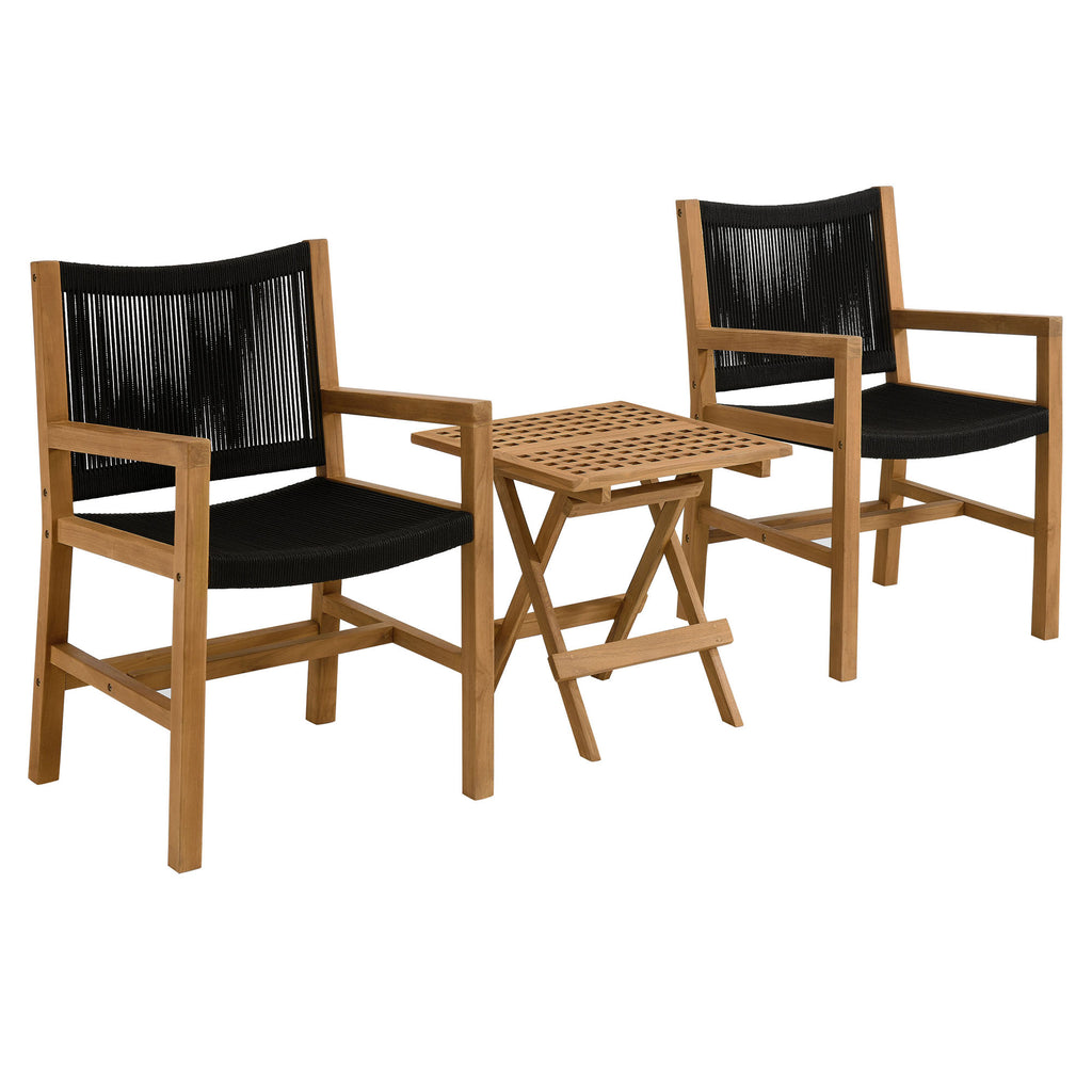 Modway Vienna 3-Piece Outdoor Patio Teak and Rope Armchairs with Folding Side Table  