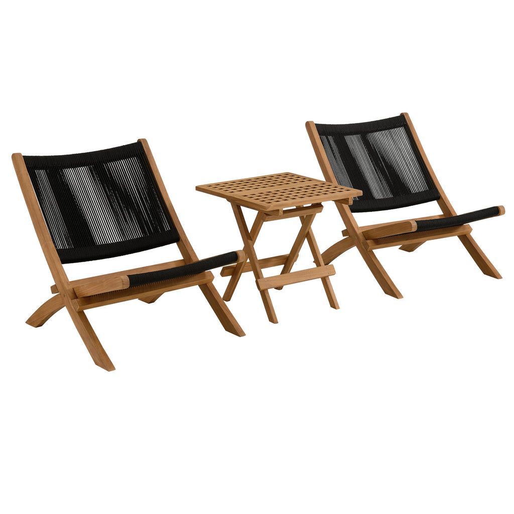 Modway Vienna 3-Piece Outdoor Patio Teak and Rope Folding Lounge Chairs and Side Table  