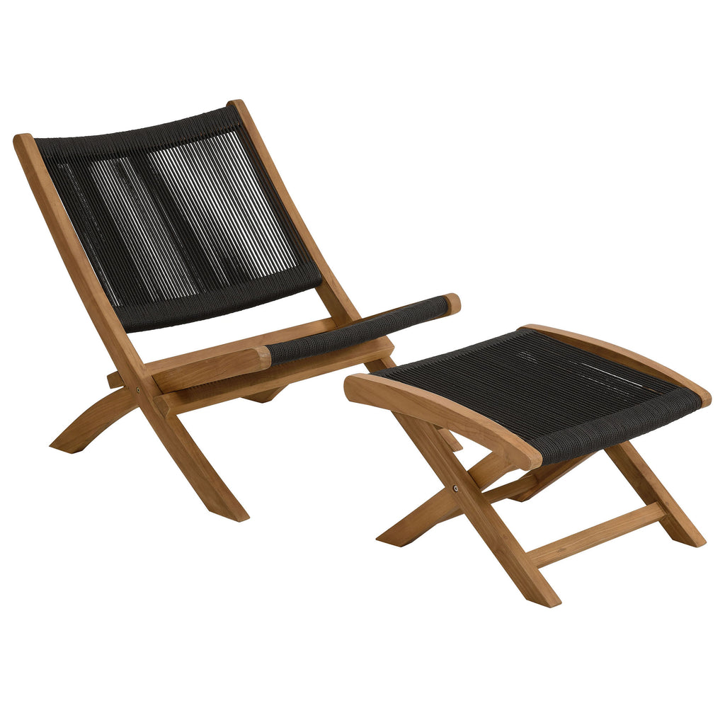 Modway Vienna 2-Piece Outdoor Patio Teak and Rope Folding Accent Lounge Chair and Ottoman Set  