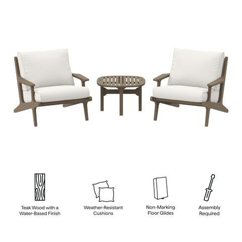 Modway Saratoga 3-Piece Outdoor Patio Teak Wood Furniture Set with Lounge Chairs and Side Table  