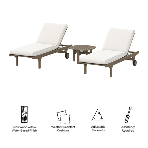 Modway Saratoga Outdoor Patio Teak Wood 3-Piece Chaise Lounge Furniture Set  