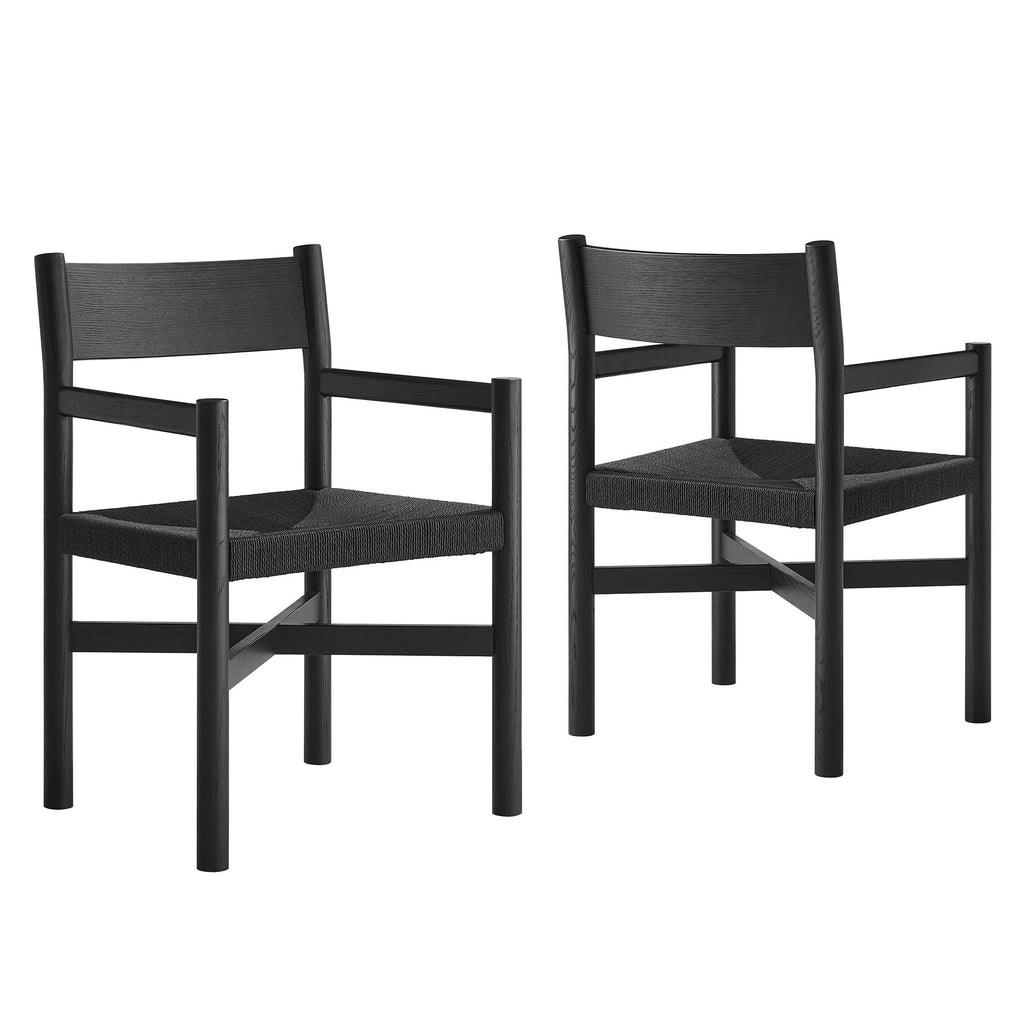 Modway Alvia Oak Wood Dining Armchairs With Woven Seats Set of 2