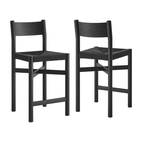 Modway Alvia Oak Wood Counter Stools With Woven Seats Set of 2
