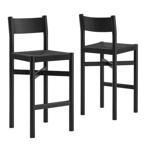 Modway Alvia Oak Wood Bar Stools With Woven Seats Set of 2