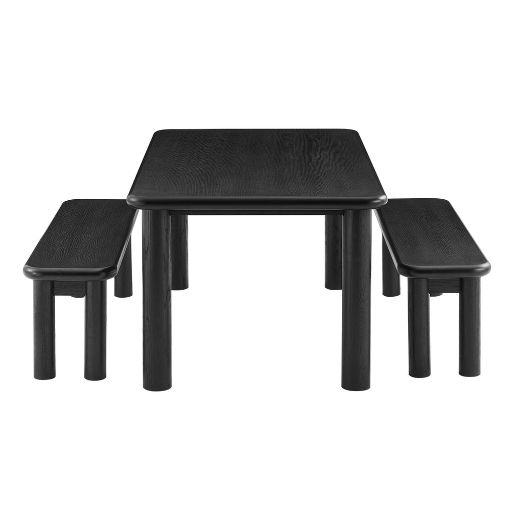 Modway Alvia 3-Piece Oak Wood Dining Table and Benches Set