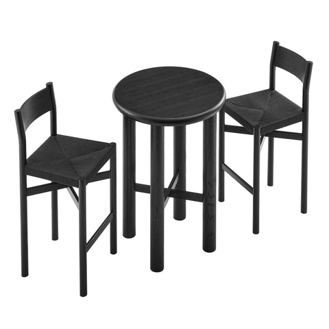 Modway Alvia 3-Piece Round Oak Wood Bar Table With Bar Stools Set