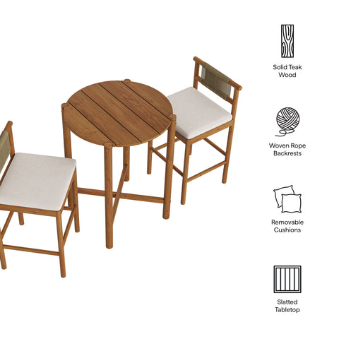 Modway Eleni 3-Piece Outdoor Patio Teak Wood Bar Set