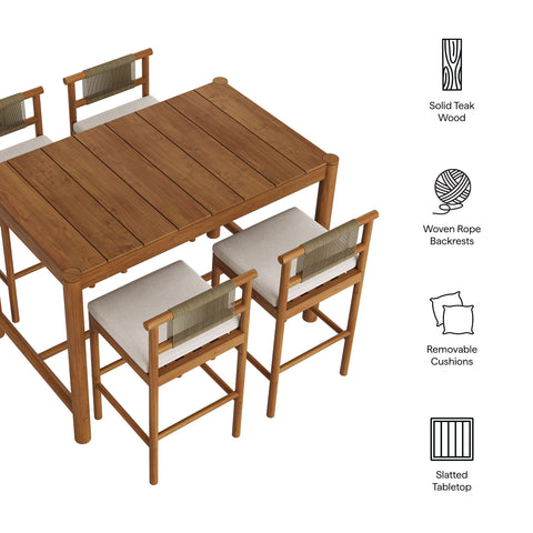 Modway Eleni 5-Piece Outdoor Patio Teak Wood Bar Set