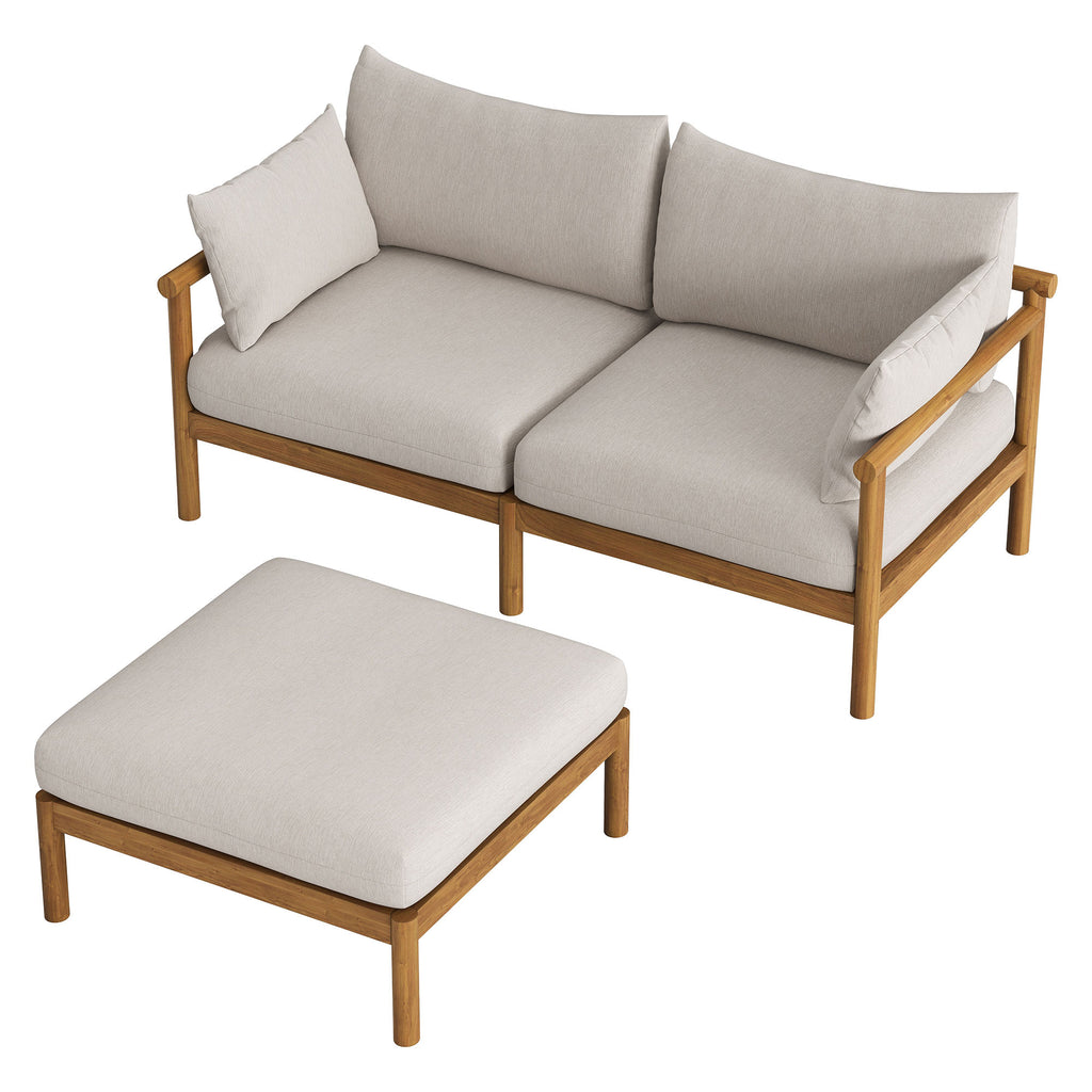 Modway Eleni 2-Piece Outdoor Patio Teak Wood Loveseat with Ottoman Set