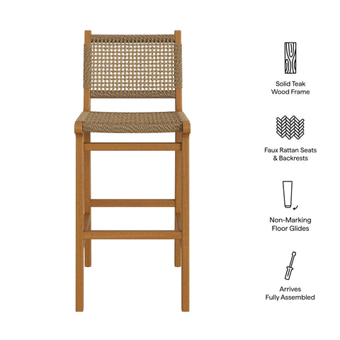 Modway Rowe Outdoor Patio Teak Wood Bar Chairs Set of 2