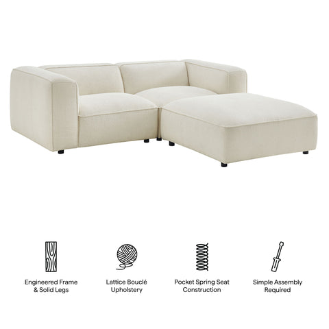 Modway Auren 3 Piece Lattice Bouclé Upholstered Modular Loveseat with Ottoman