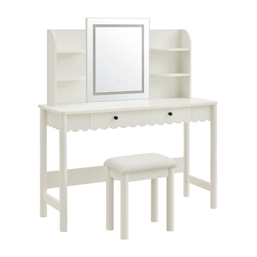 Modway Emmeline Scalloped Makeup Vanity Desk With LED Mirror and Stool