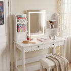 Modway Emmeline Scalloped Makeup Vanity Desk With LED Mirror and Stool