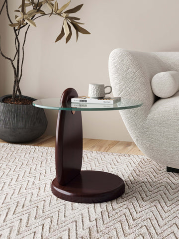 Manhattan Comfort Artesia Modern Glam Glass Top Wood End Table in Walnut