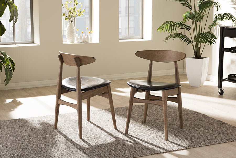 Baxton Studio Edna Mid-Century Modern French Black Faux Leather and "Oak" Light Brown Finishing Wood Dining Chair