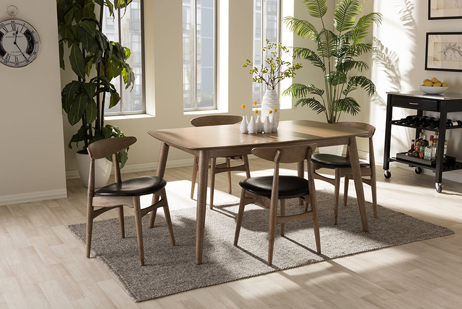 Baxton Studio Edna Mid-Century Modern French Black Faux Leather and "Oak" Light Brown Finishing Wood 5-Peice Dining Set