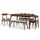 Baxton Studio Flora Mid-Century Modern Light Grey Fabric and "Oak" Medium Brown Finishing Wood 6-Piece Dining Set