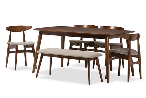 Baxton Studio Flora Mid-Century Modern Light Grey Fabric and "Oak" Medium Brown Finishing Wood 6-Piece Dining Set