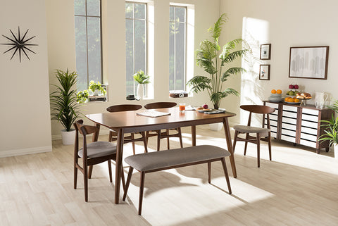 Baxton Studio Flora Mid-Century Modern Light Grey Fabric and "Oak" Medium Brown Finishing Wood 6-Piece Dining Set