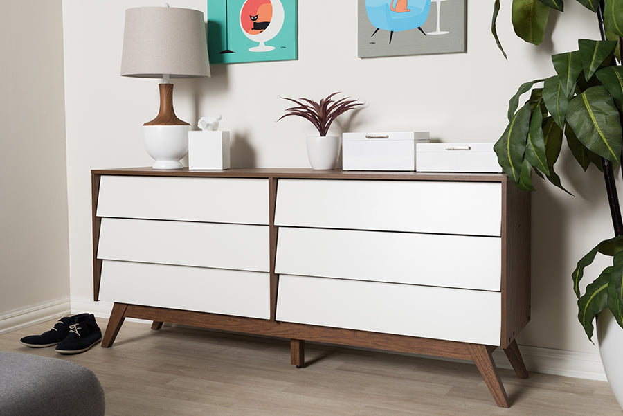 Baxton Studio Hildon Mid-Century Modern White and Walnut Wood 6-Drawer Storage Dresser 