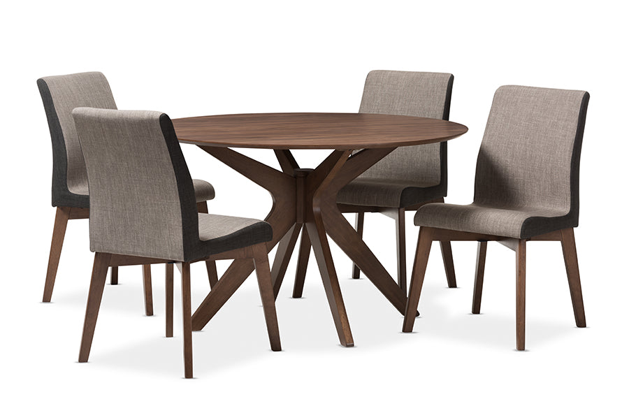 Baxton Studio Kimberly Mid-Century Modern Walnut Wood Round 5-Piece Dining Set