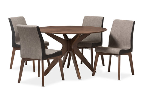 Baxton Studio Kimberly Mid-Century Modern Walnut Wood Round 5-Piece Dining Set