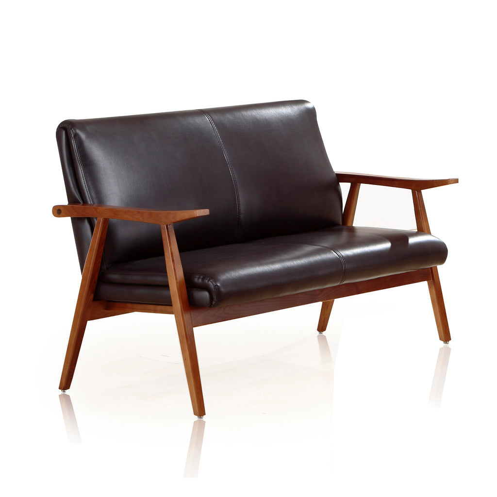 Manhattan Comfort ArchDuke Mid-Century Modern Vegan Leather Wood Loveseat in Black