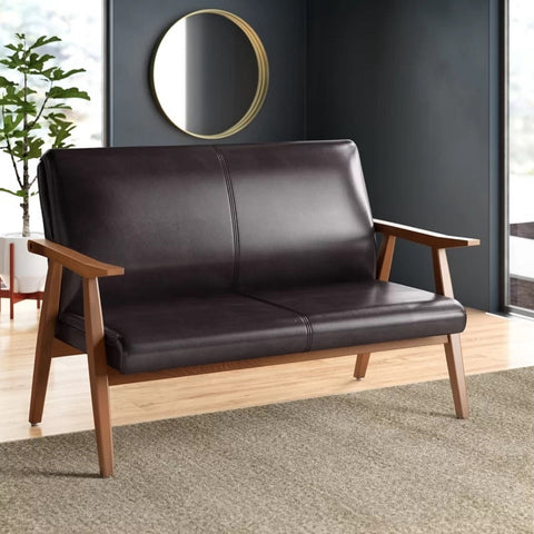 Manhattan Comfort ArchDuke Mid-Century Modern Vegan Leather Wood Loveseat in Black