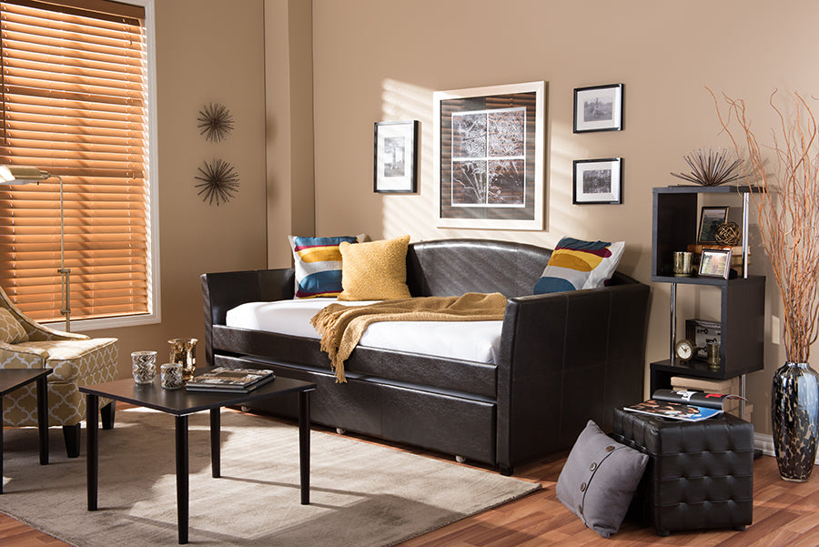 Baxton Studio London Modern and Contemporary Brown Faux Leather Arched Back Sofa Twin Daybed with Roll-Out Trundle Guest Bed
