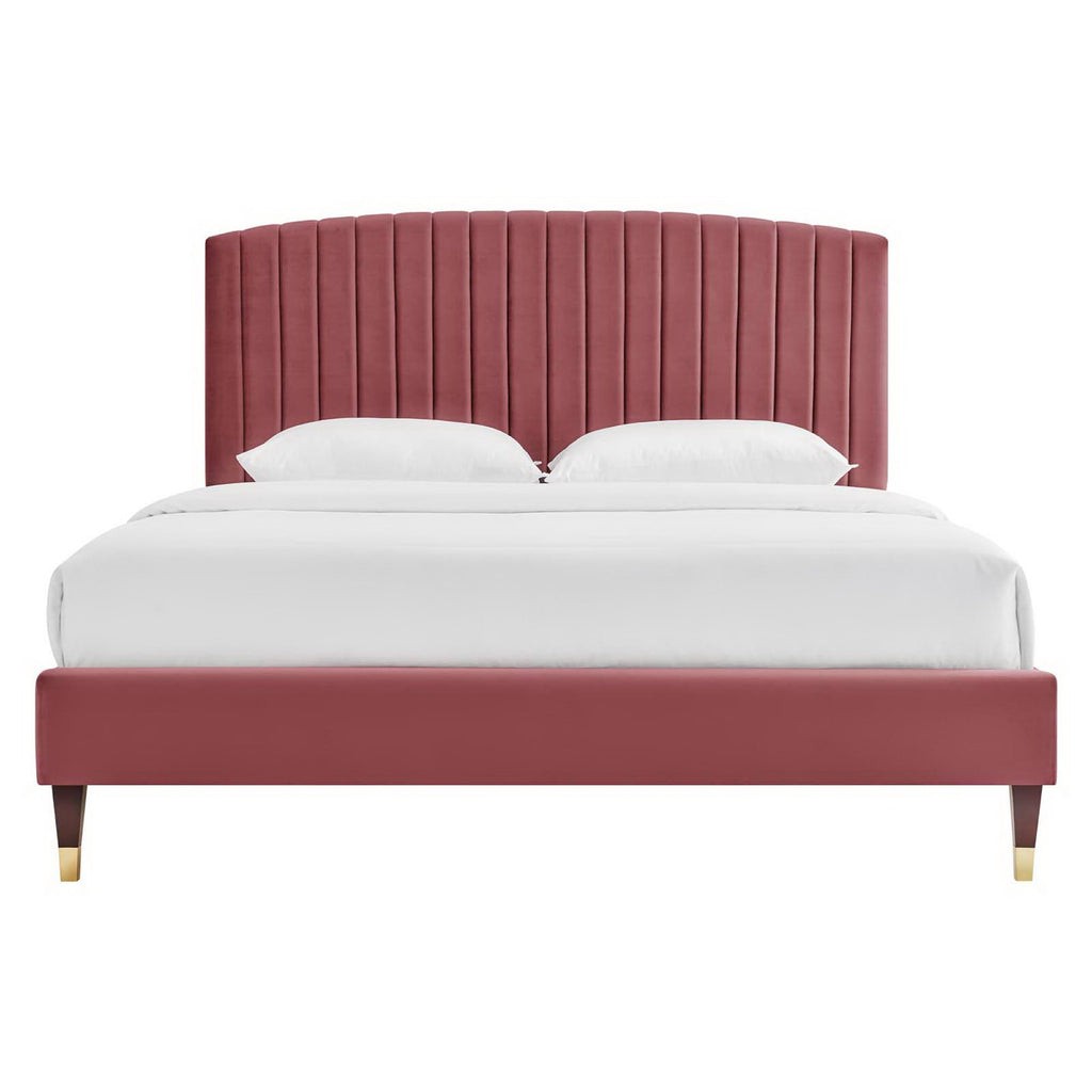 Modway Alessi Performance Velvet Queen Platform Bed - Wood & Gold Legs