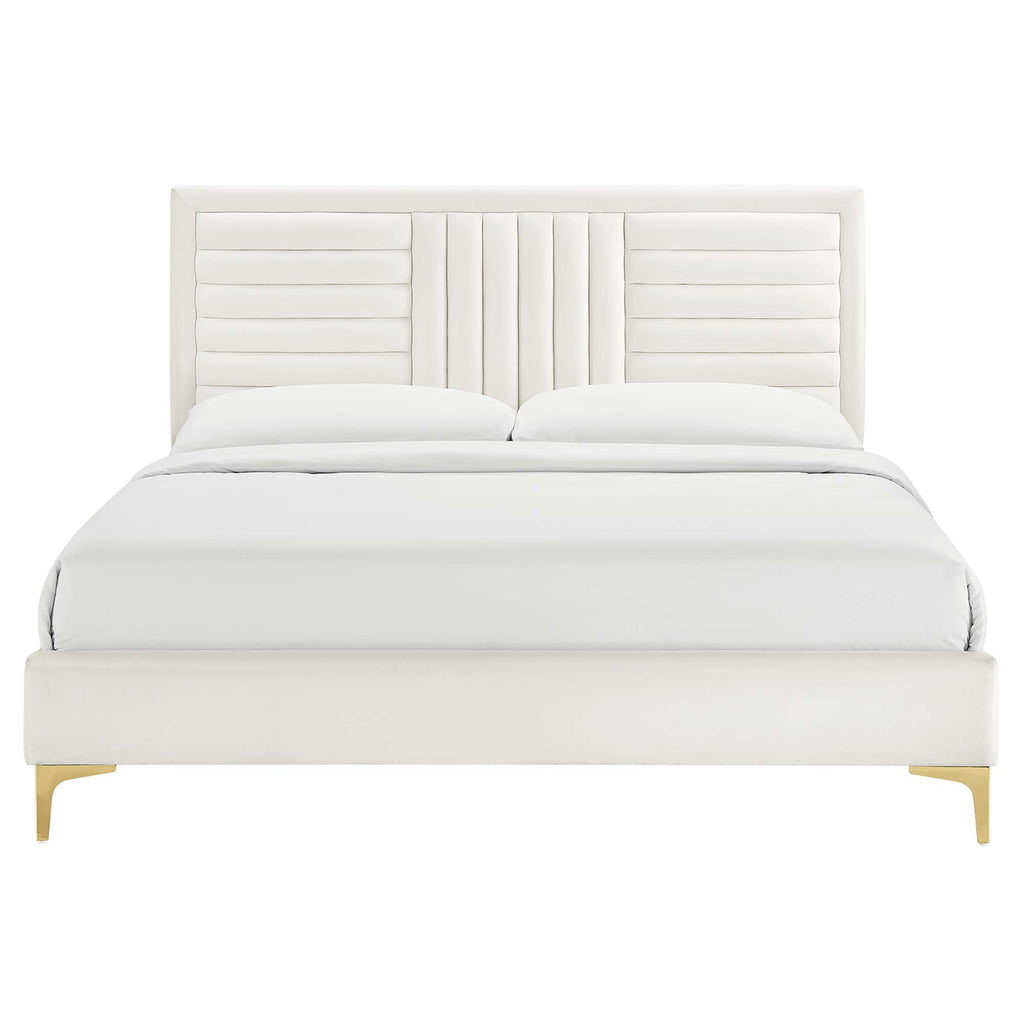 Modway Sofia Channel Tufted Performance Velvet Queen Platform Bed - Gold Metal Legs