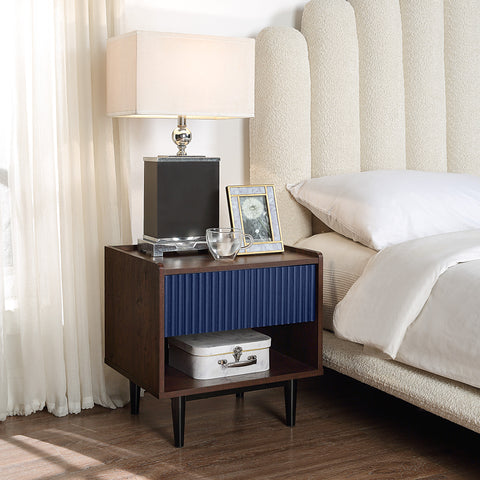 Manhattan Comfort Duane Mid-Century Modern 20" Fluted Nightstand in Navy Blue (1-Drawer)